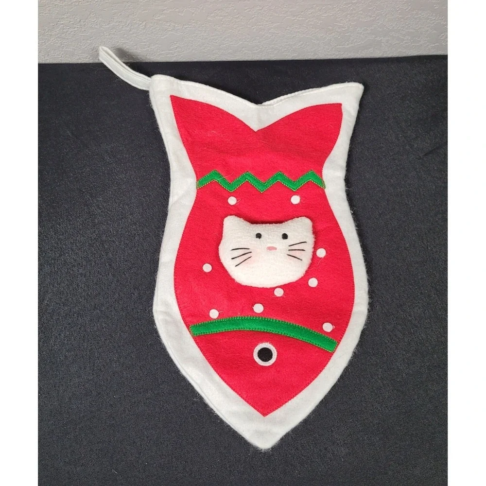 Fish Shaped Holiday Christmas Stocking with Cat/Kitten Face